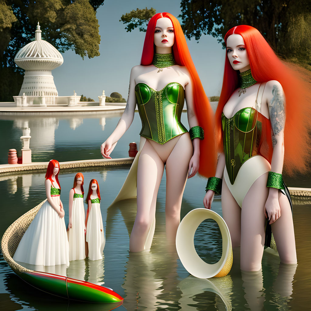 Twin women in red hair and green corsets by lake with boat and white structure