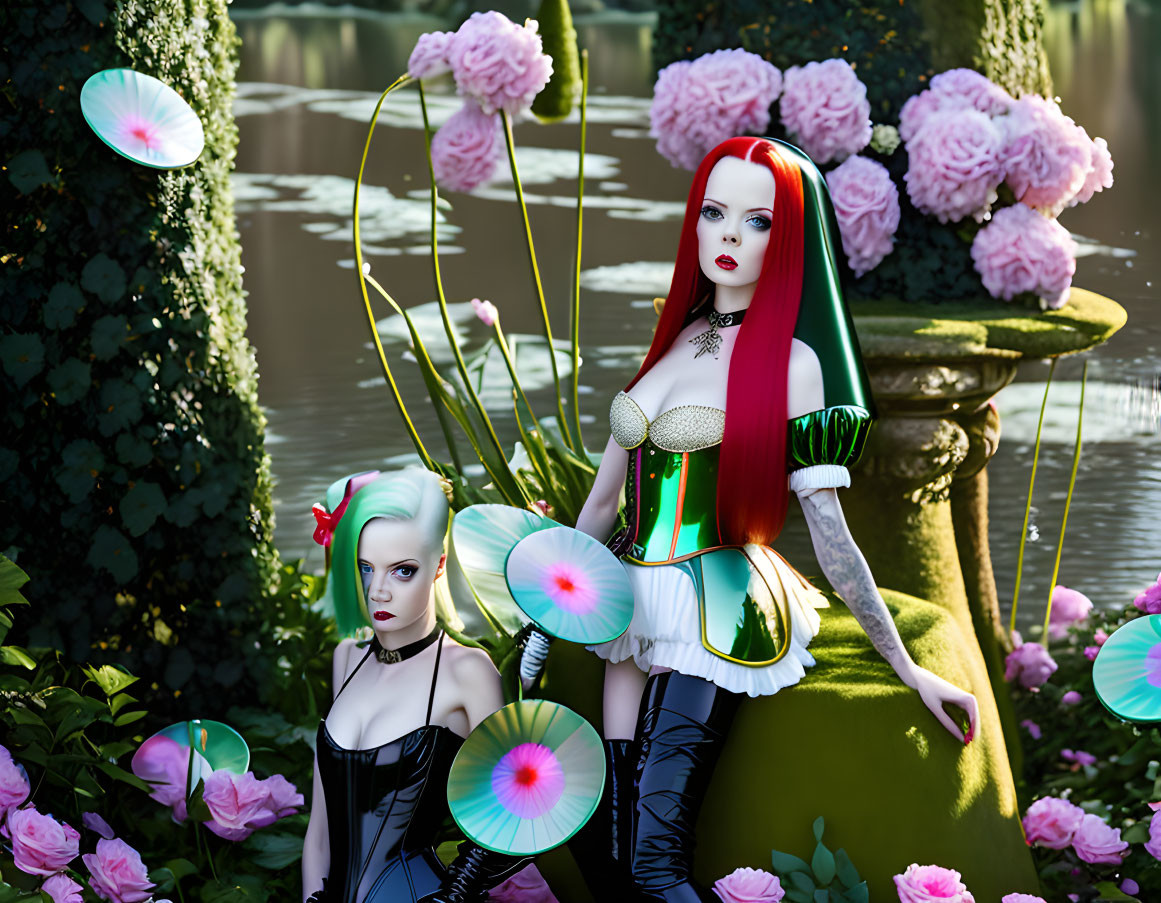 Stylized female figures in fantasy garden with oversized flowers and colorful hair