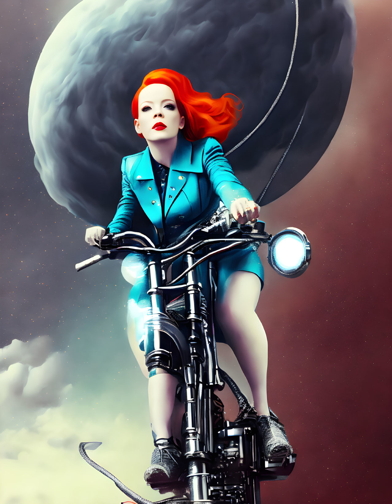 Fiery-haired woman on ornate motorcycle under oversized moon