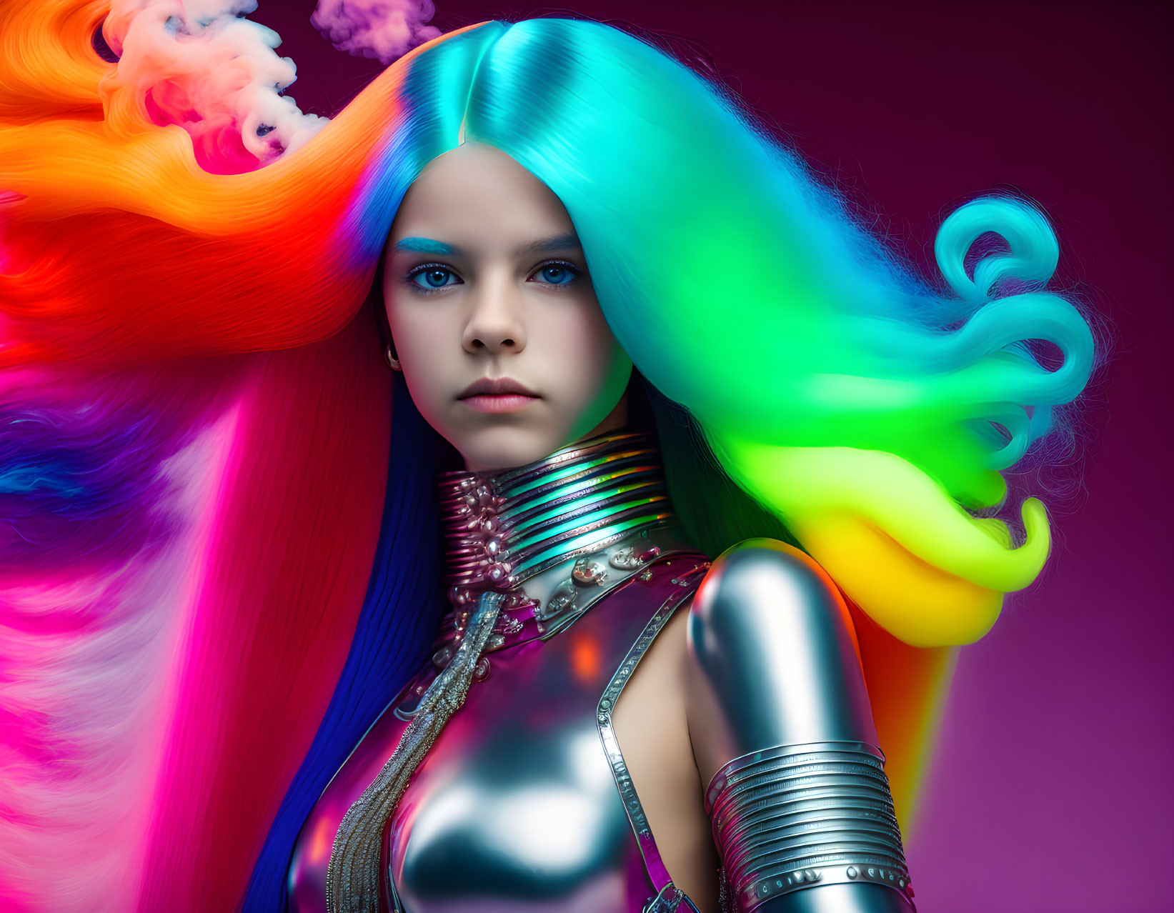 Vibrant multicolored hair and metallic fashion against colorful backdrop