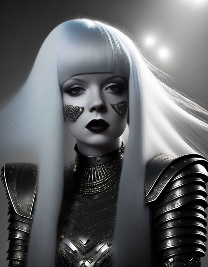 Platinum blonde hair and futuristic dark armor with heart-shaped eye patch