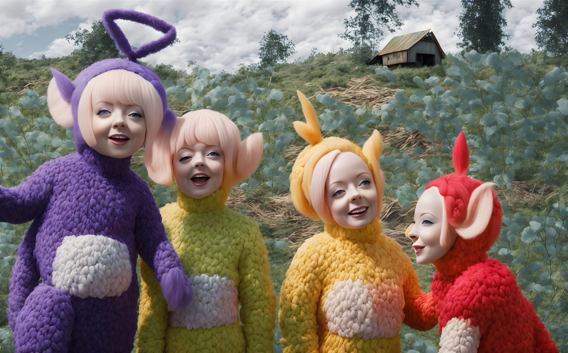 Vibrant elfin characters in fluffy costumes pose in countryside setting