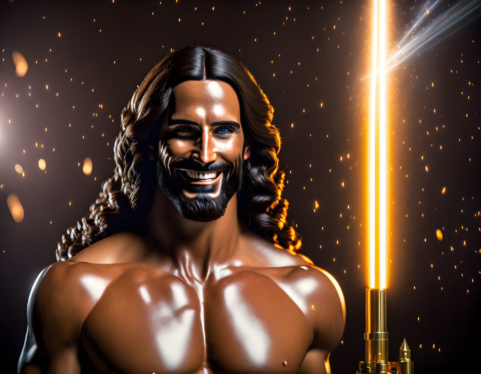 Muscular man illustration with long hair and golden background.