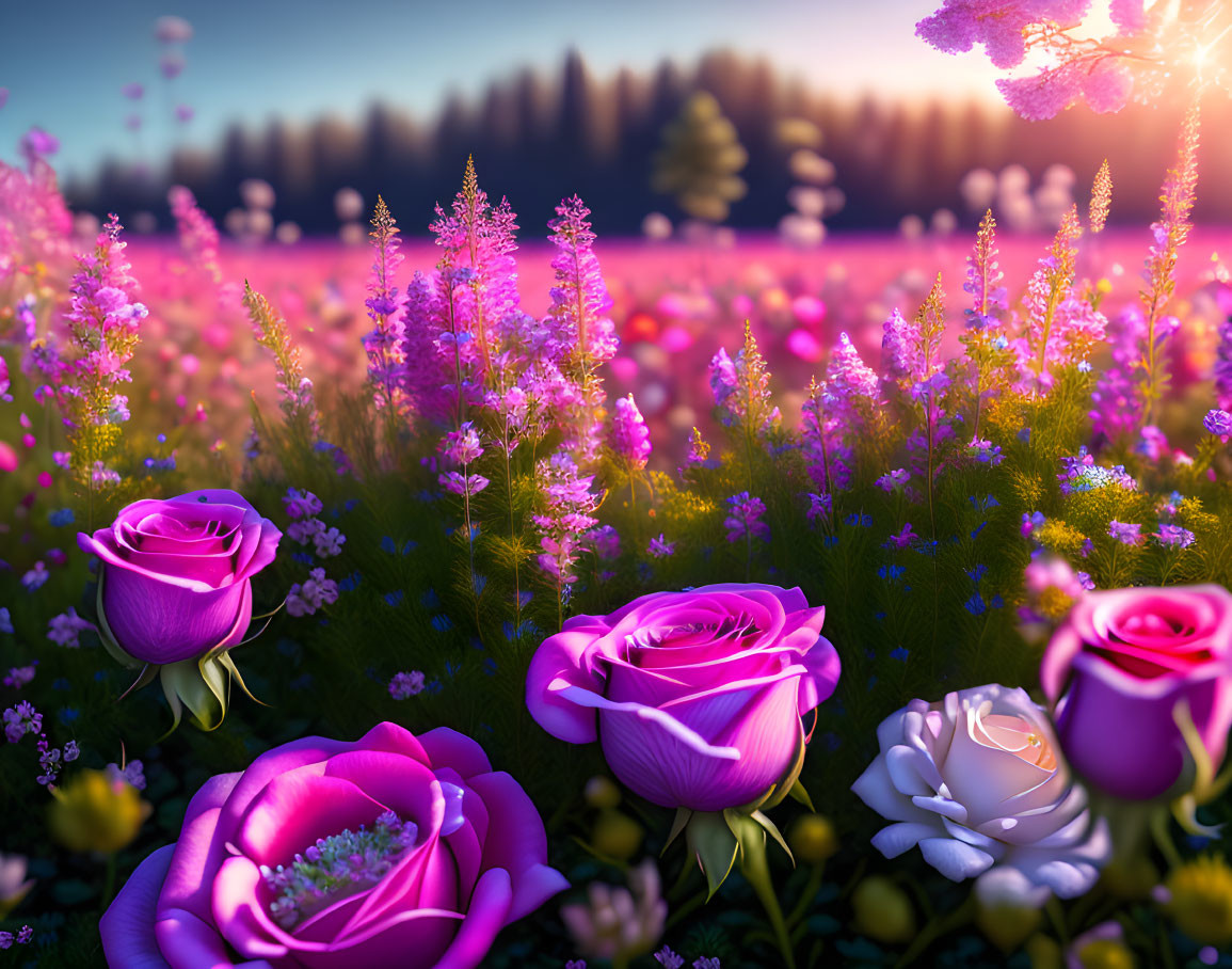 Colorful Rose and Wildflower Meadow Scene