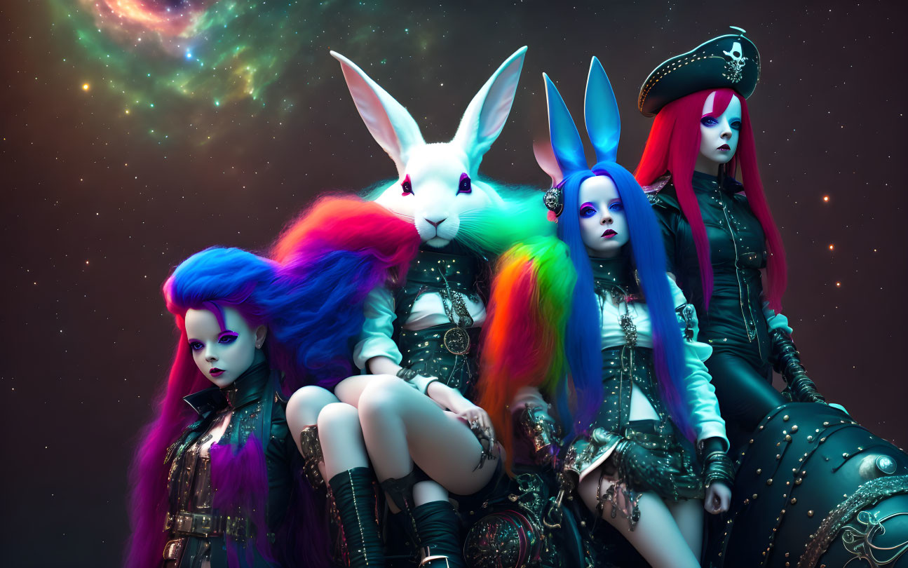 Colorful sci-fi scene: anthropomorphic rabbit & vibrant-haired females in celestial setting