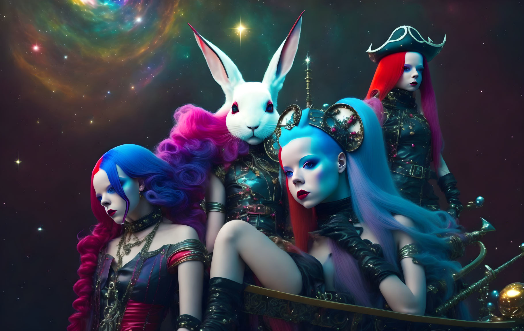 Fantasy-themed art with humanoid figures, vibrant hair, styled costumes, and a white rabbit in cosmic