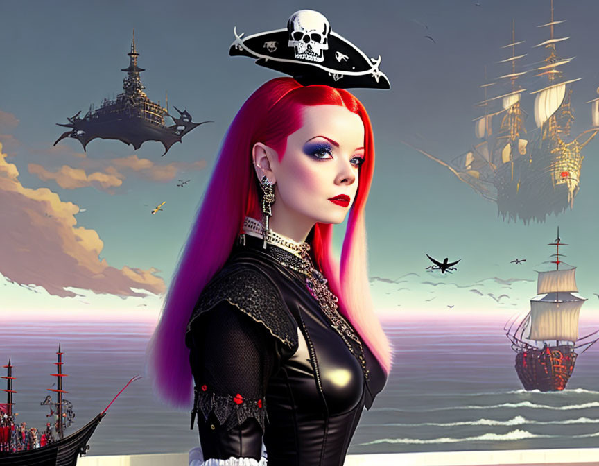 Stylized digital art: Woman with red and purple hair, pirate hat, fantasy airships,