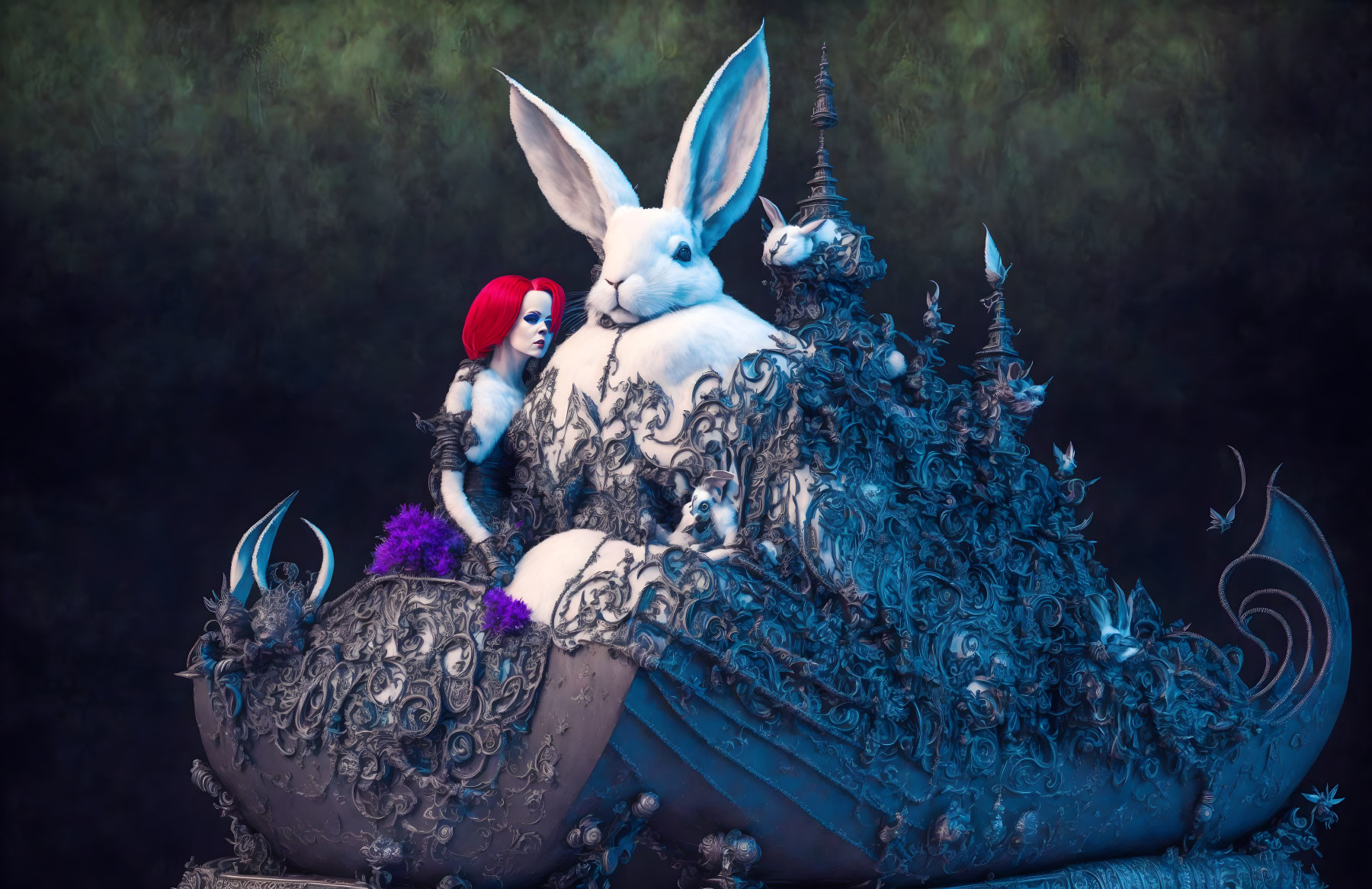 Surreal image of woman with red hair and white rabbit on ornate structure