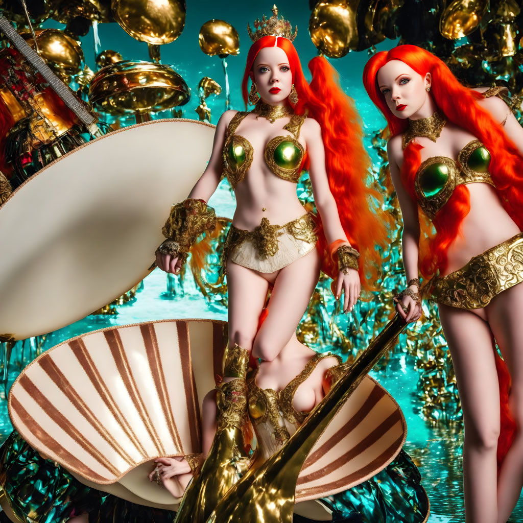 Red-haired twin models in golden fantasy outfits with metallic props and a large spoon create surreal opulent scene