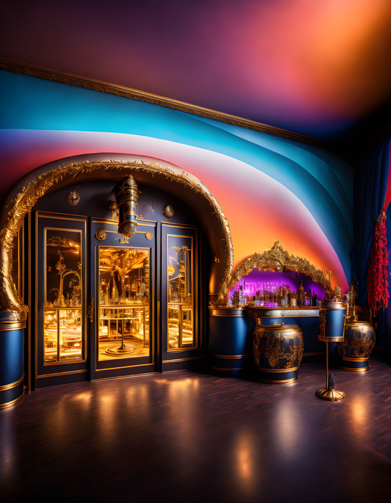 Luxurious Room with Arched Rainbow Light, Gold-Trimmed Blue Doors, and Display Cabinets