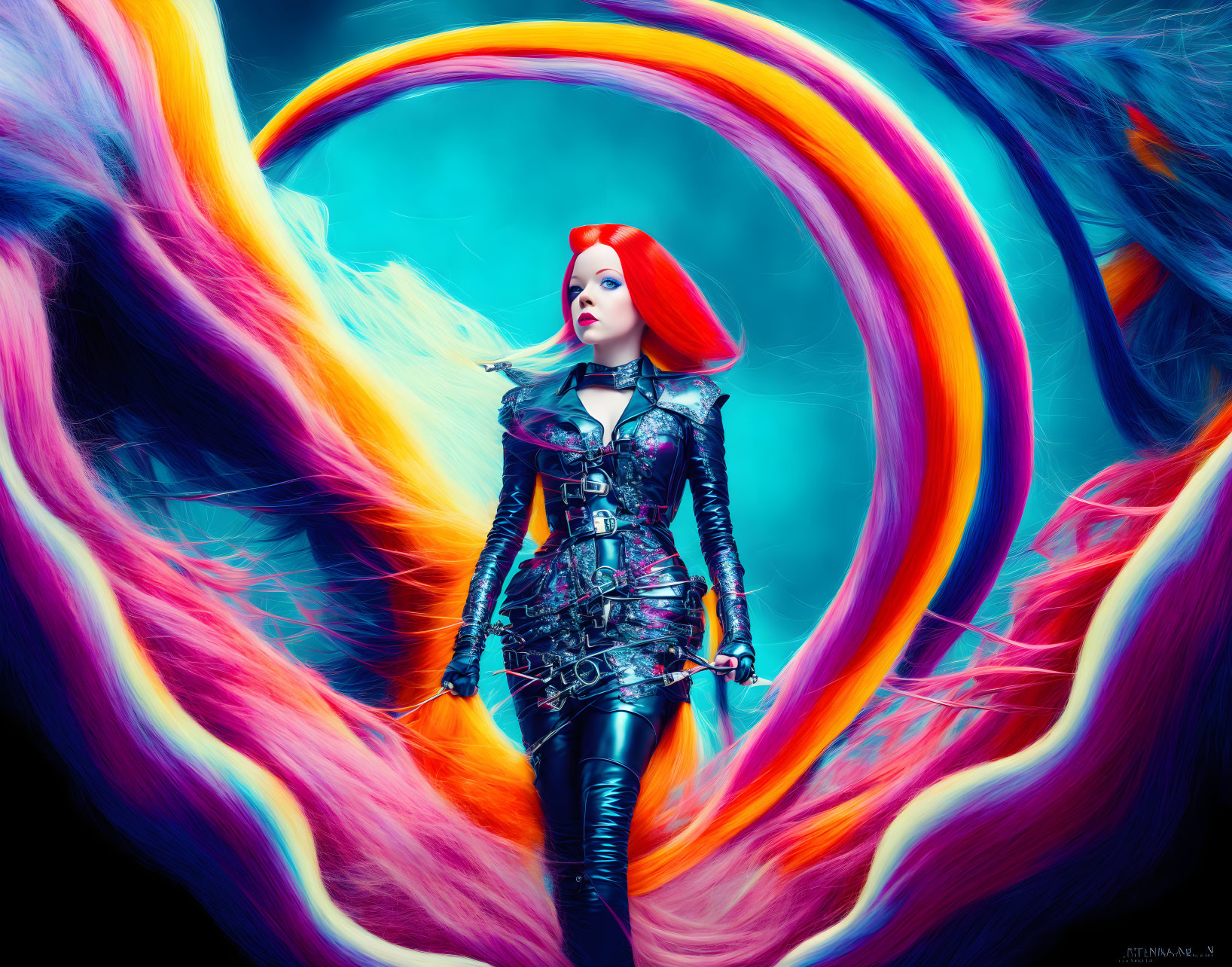 Red-haired woman in gothic attire against colorful abstract swirl