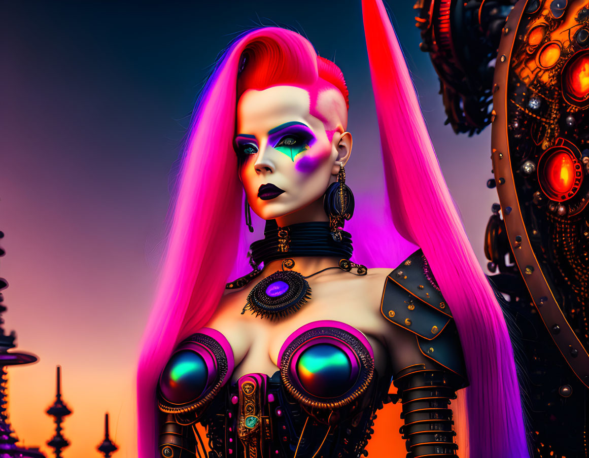 Colorful Cyberpunk Character with Purple Hair in Futuristic Outfit on Industrial Background