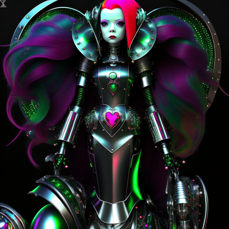 Colorful robotic figure with purple hair and neon green highlights in intricate metallic armor