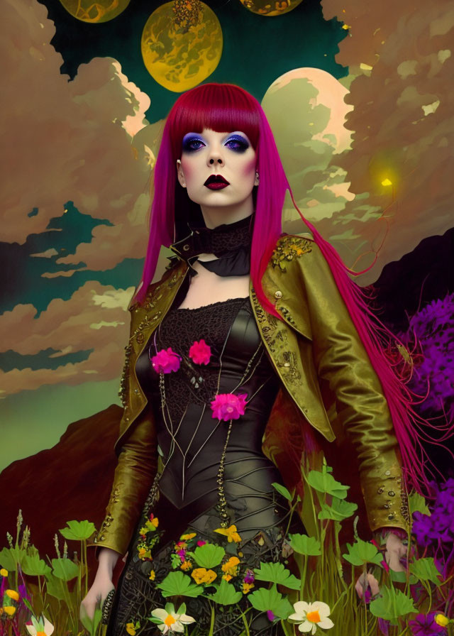 Vibrant red-haired woman with striking makeup in fantastical moonlit setting