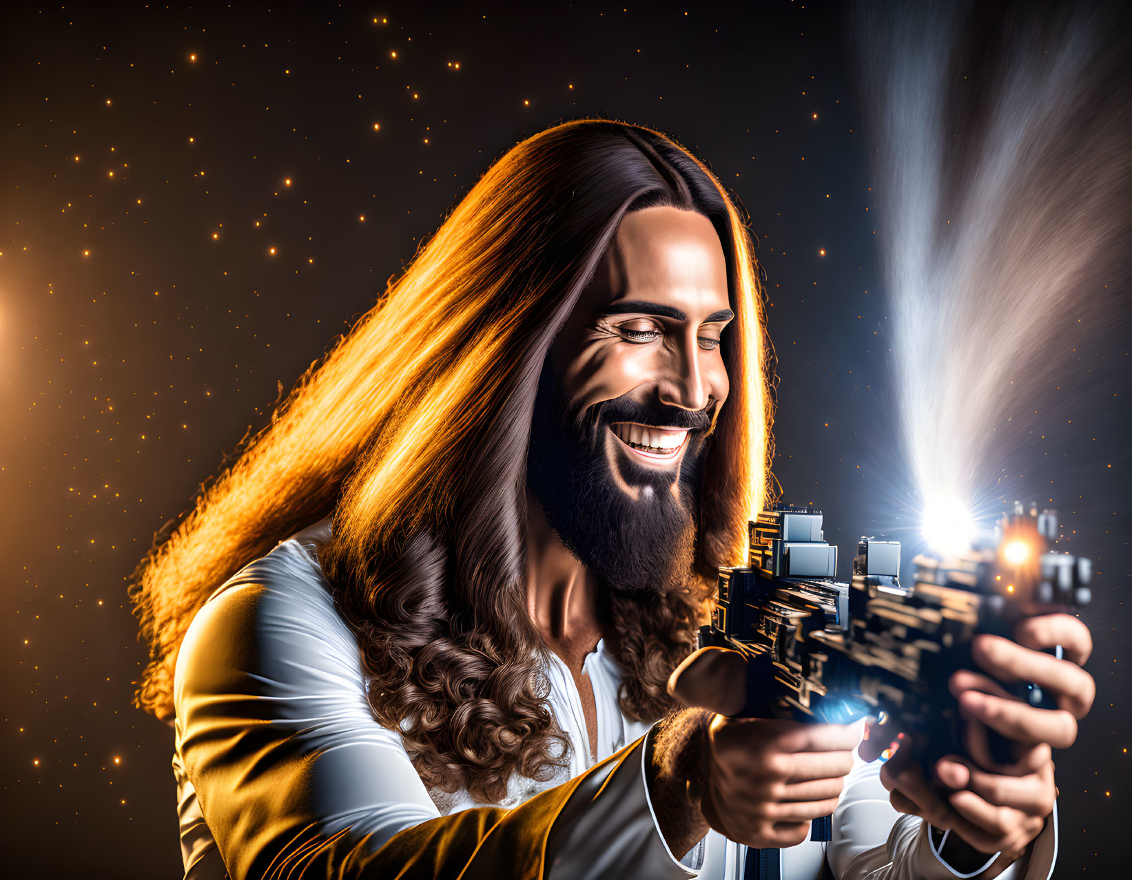 Cheerful man with beard playing video games in starry setting