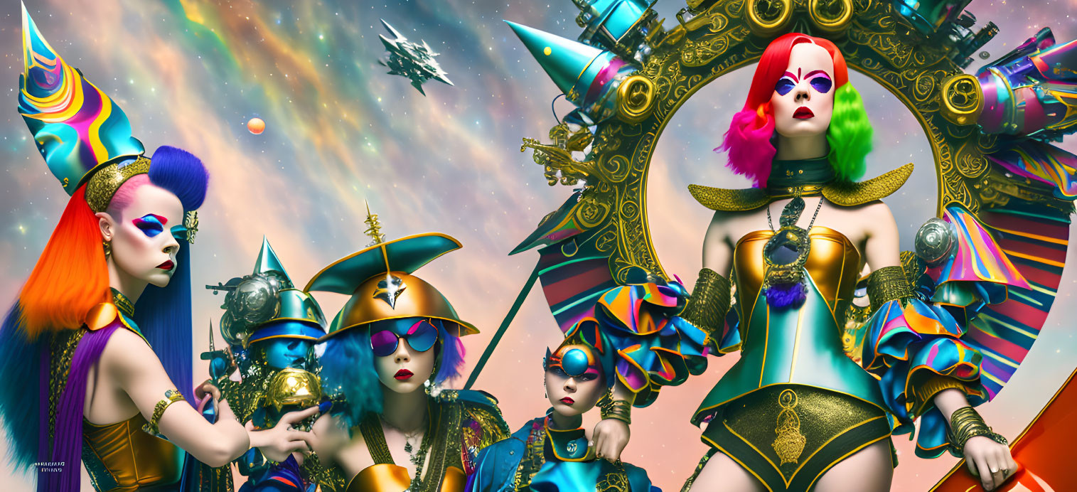Futuristic image of four stylized women in elaborate costumes