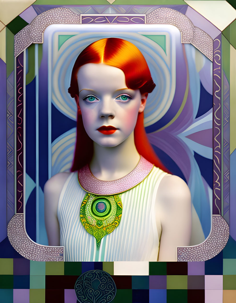 Stylized portrait of woman with red hair, pale skin, blue eyes, Art Deco frame
