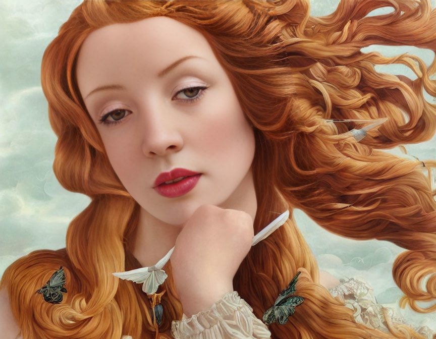 Digital painting of woman with red hair and blue sky background