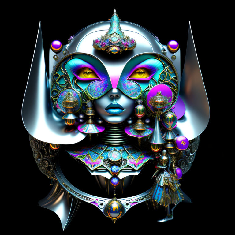 Symmetrical Female Face with Metallic Decorations and Floating Orbs