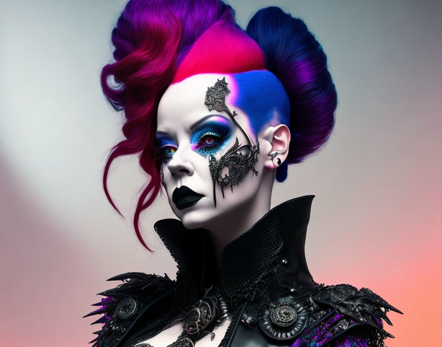 Vibrant purple and blue hair with dramatic makeup and gothic attire on soft pink and blue background