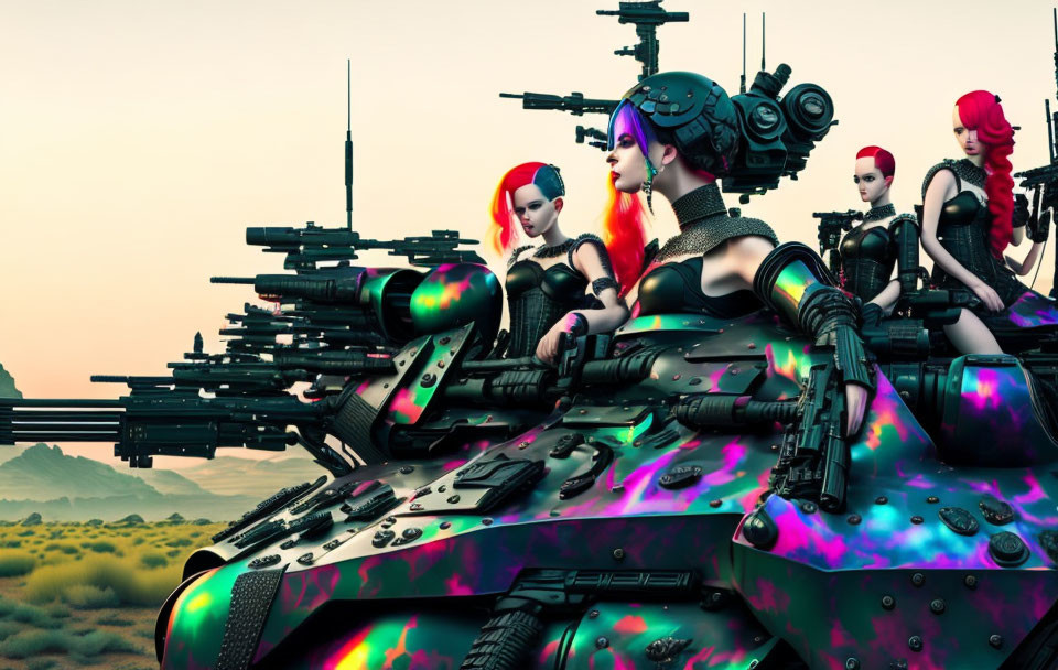 Colorful-haired female warriors on camouflaged tank in desert dusk
