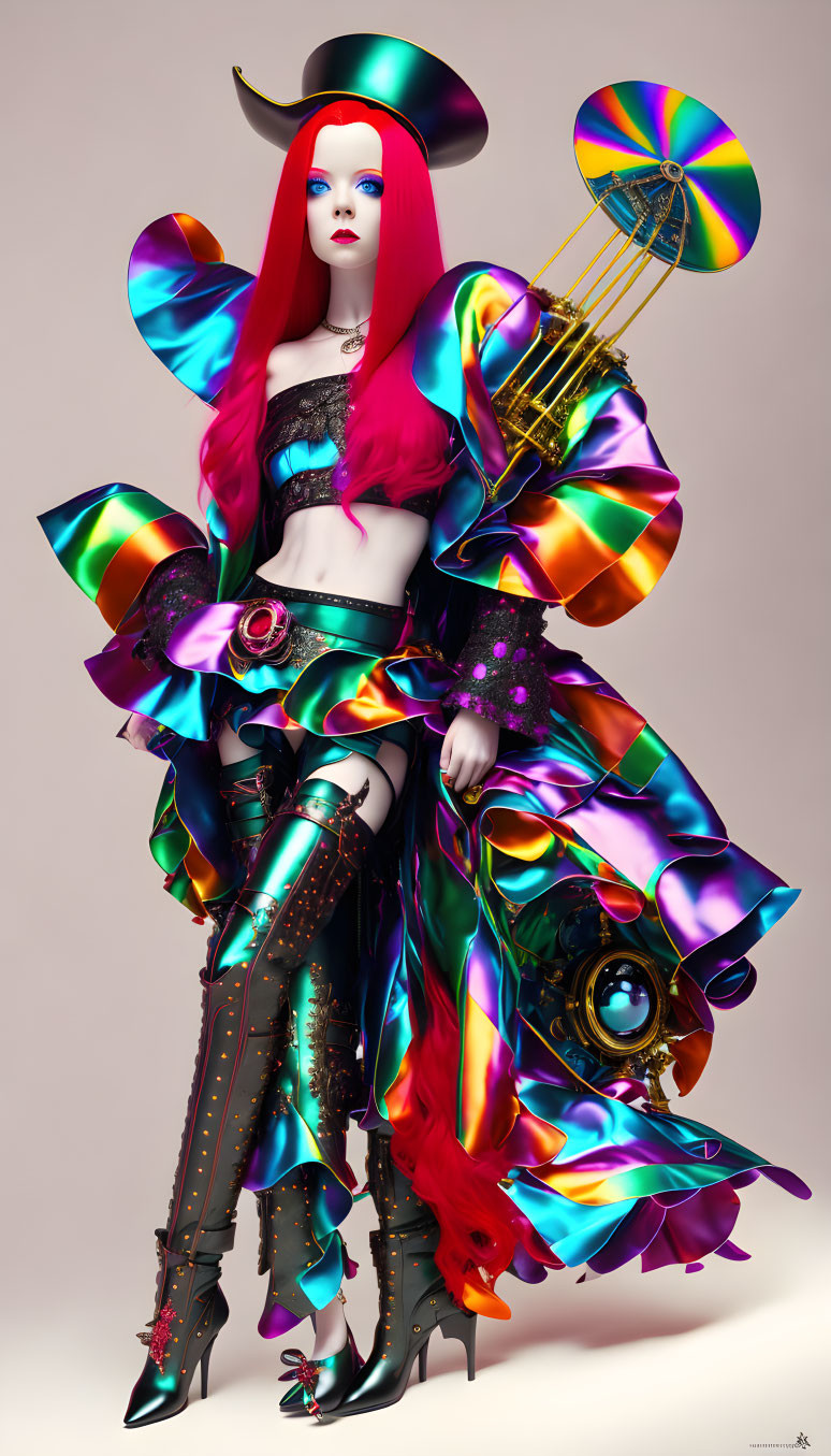 Stylized digital artwork of a woman with red hair in colorful, metallic outfit