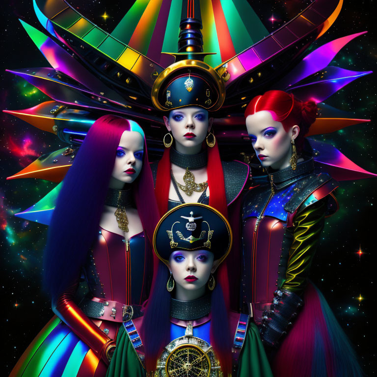 Four Futuristic Women in Vibrant Attire and Colorful Headdresses on Cosmic Background