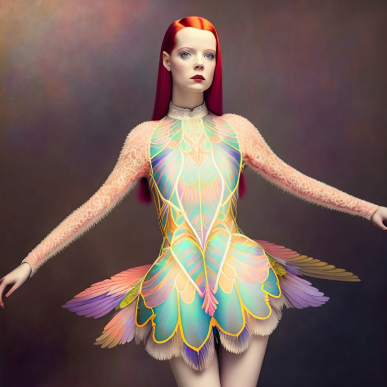 Red-haired woman in iridescent dress with feather details