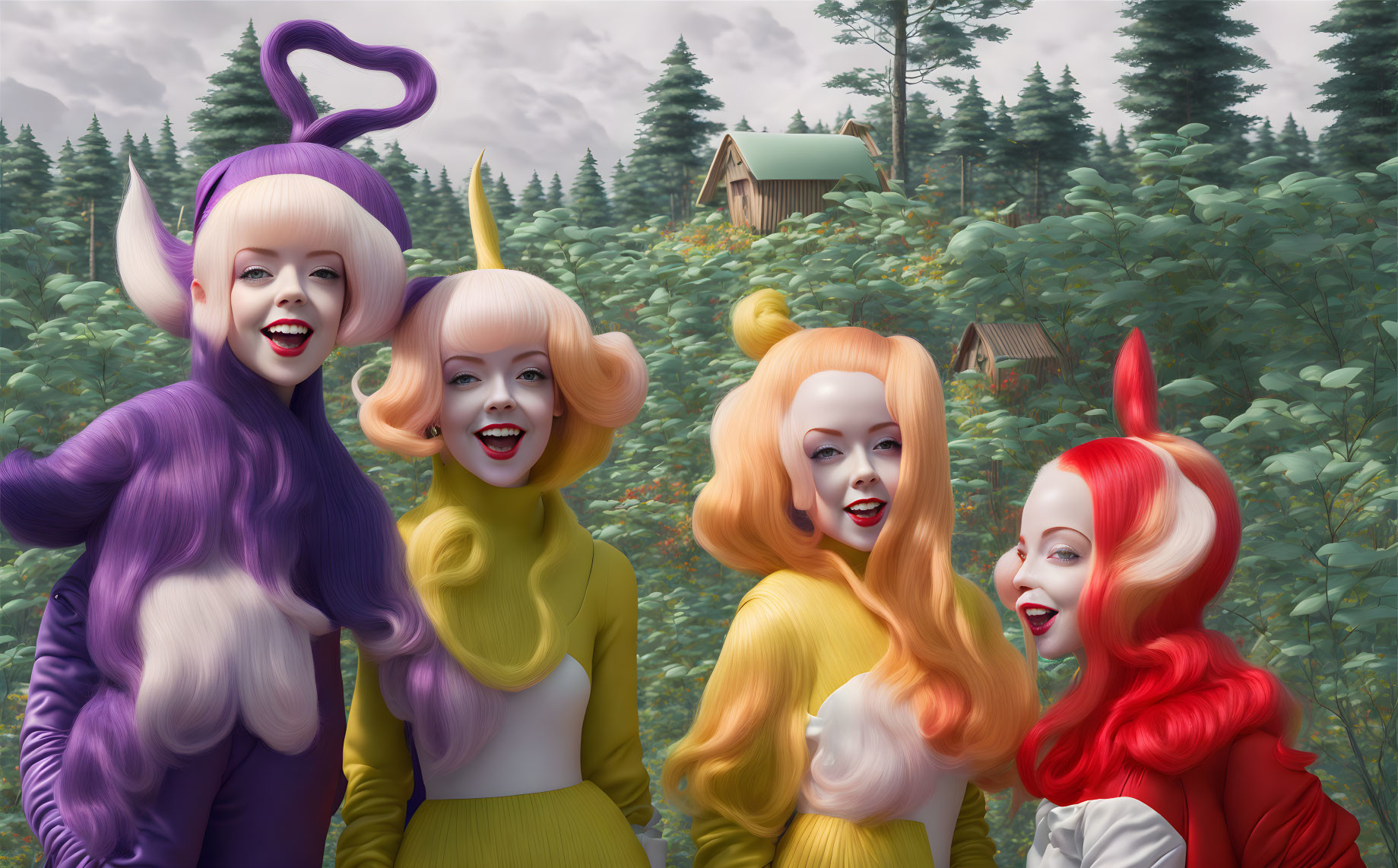 Colorful women with whimsical hair in forest setting