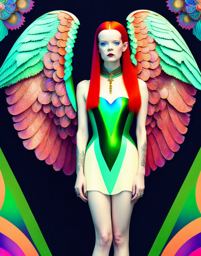 Colorful woman with wings in neon bodysuit on black background