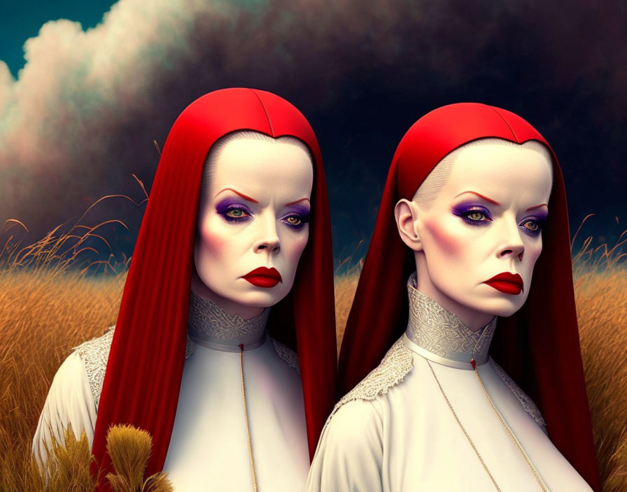 Stylized red-haired female characters in white and red attire against field and sky.