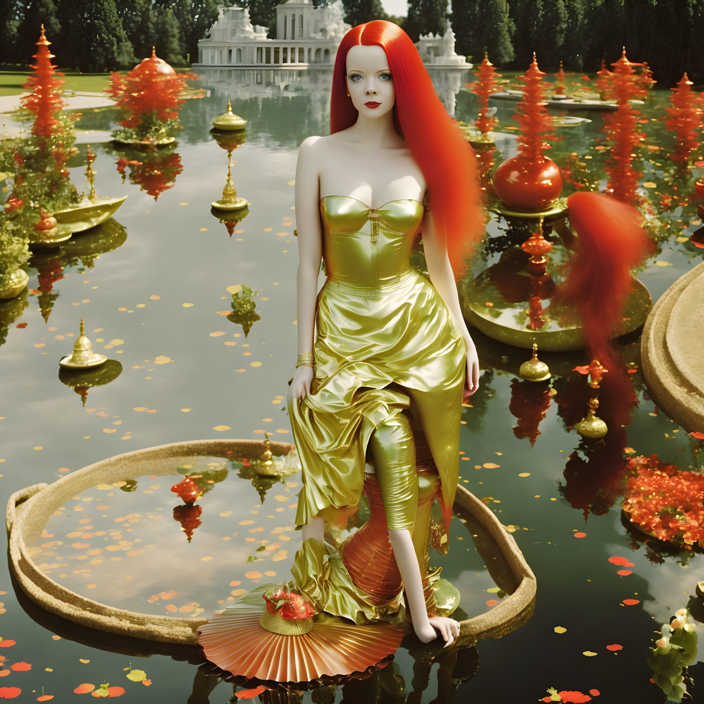 Red-haired woman on lily pad in pond with golden and red decor near white architecture