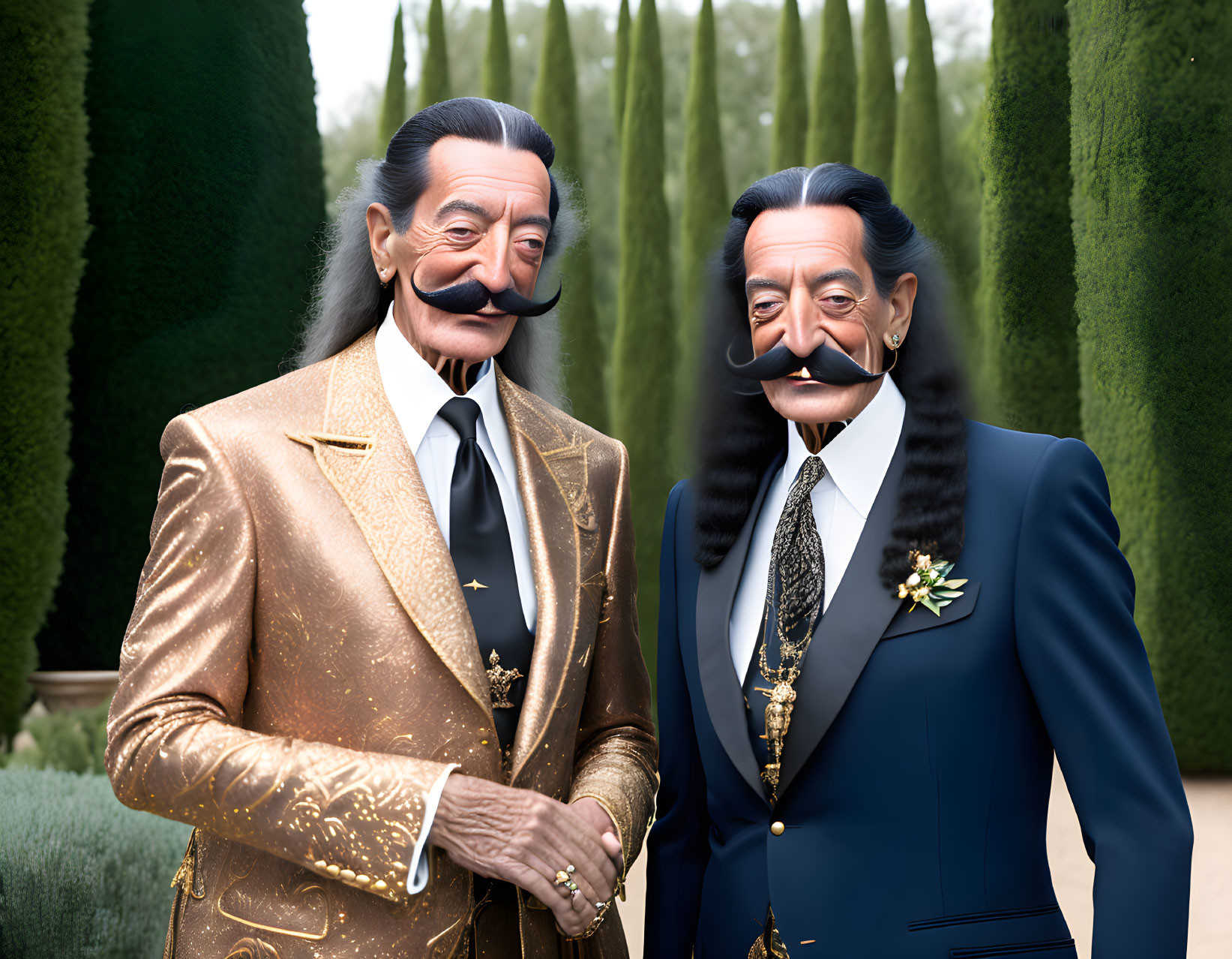 Identical animated men in gold and blue suits in a garden