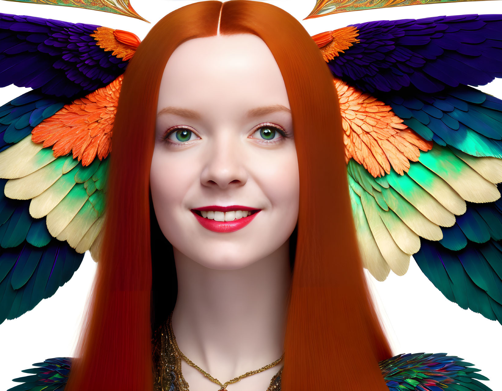 Red-haired woman with vibrant bird wings - striking blue eyes portrait