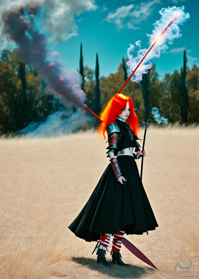 Red-haired woman in dark dress wields sword in surreal setting