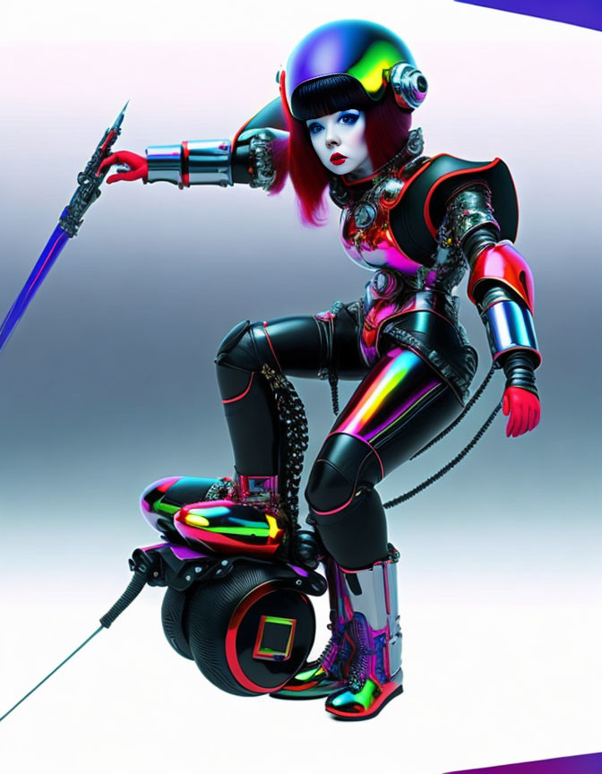 Female Cyborg with Vibrant Helmet, Red Hair, and Metallic Body