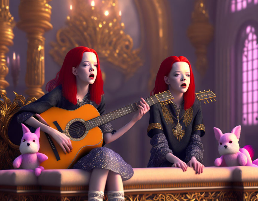 Stylized red-haired characters in elegant attire playing guitar in grand purple-toned room