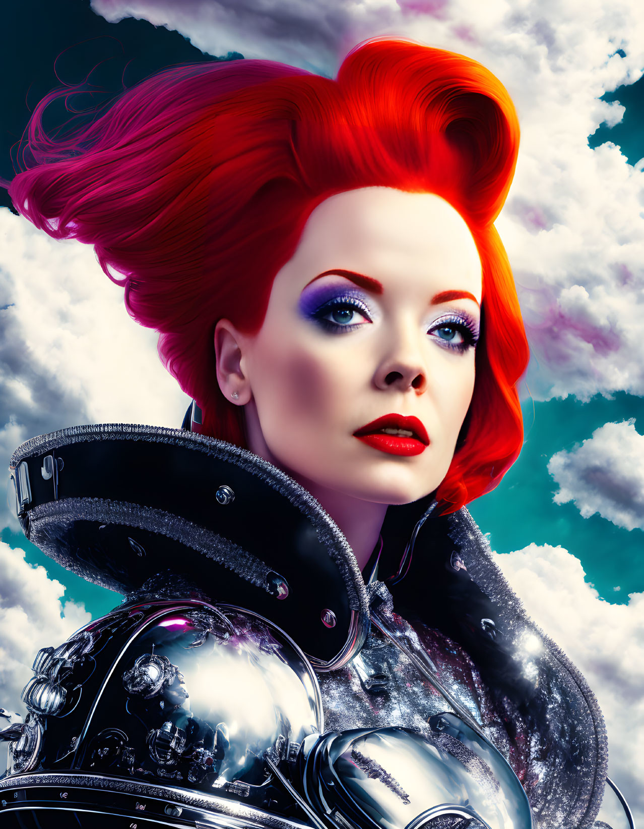 Vibrant digital portrait: Woman with red hair, bold makeup, futuristic armor against cloudy sky