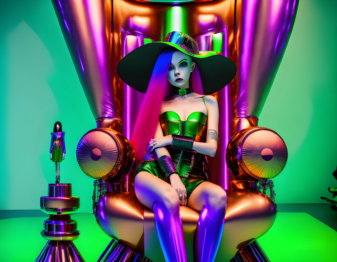 Stylized 3D-rendered female character with purple hair in green corset and black attire