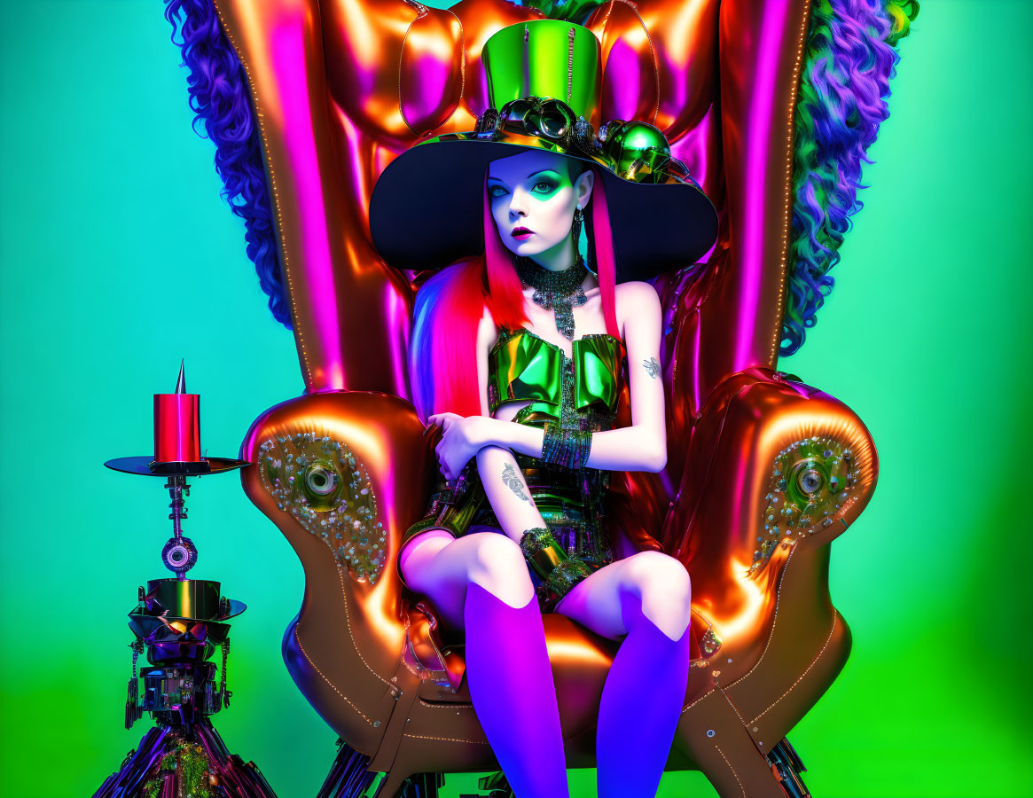 Fashion-forward person with red hair in green top hat on ornate throne