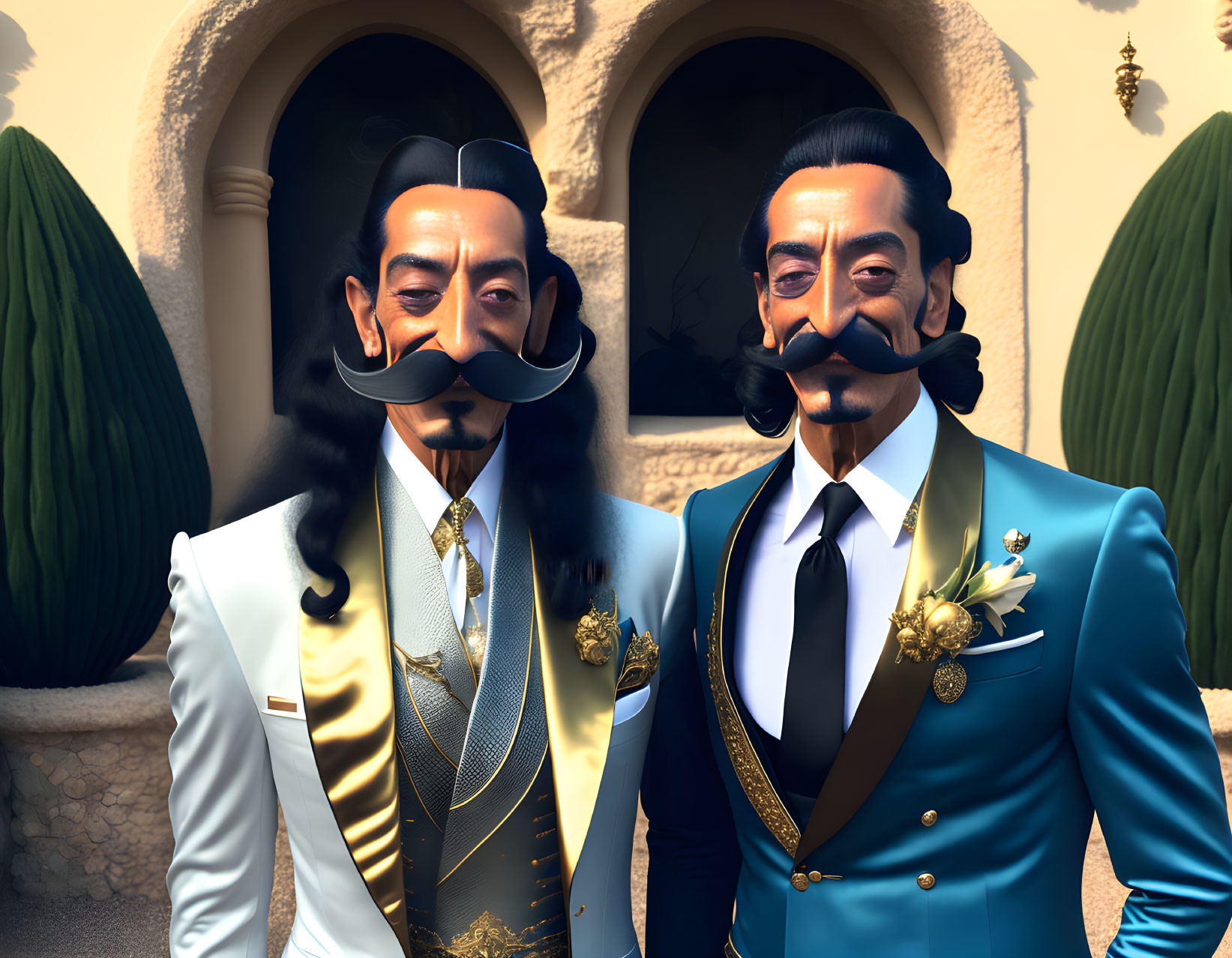 Stylized 3D animated male characters in fancy suits with mustaches