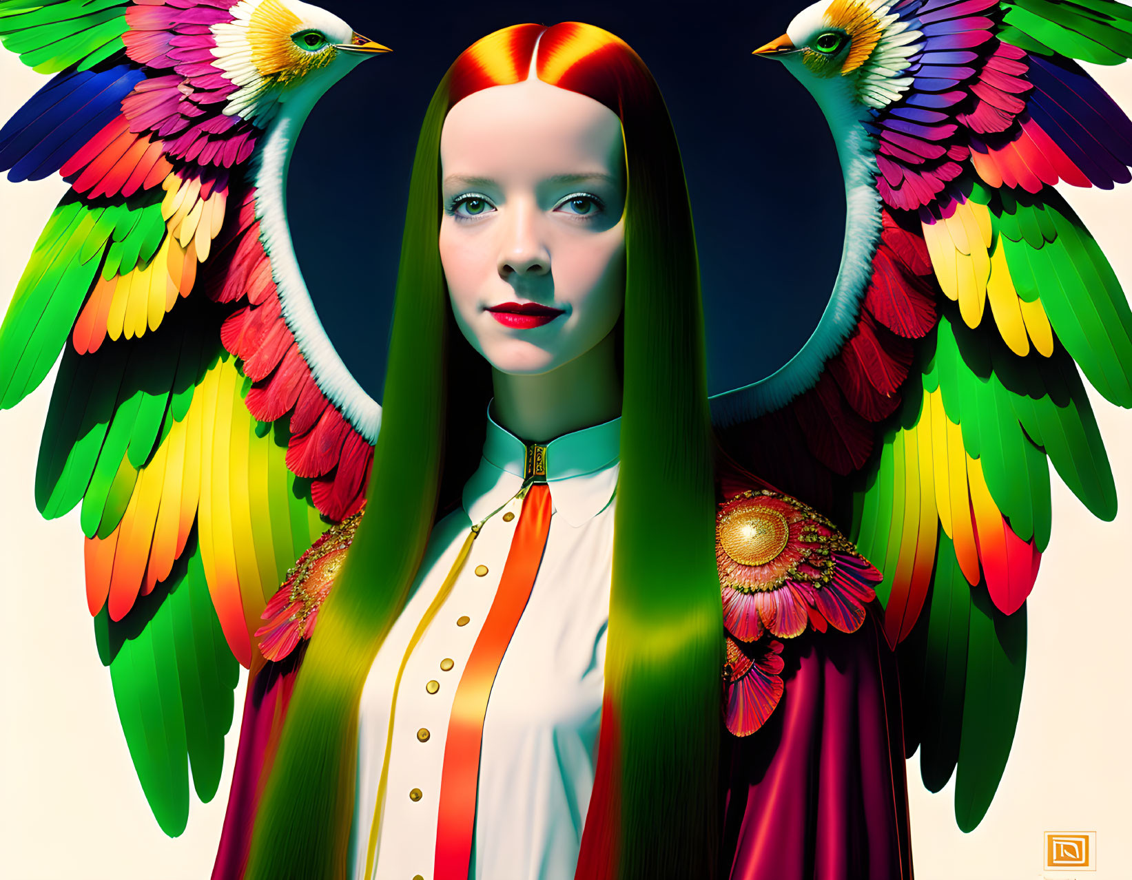 Symmetrical digital artwork of woman with colorful parrots