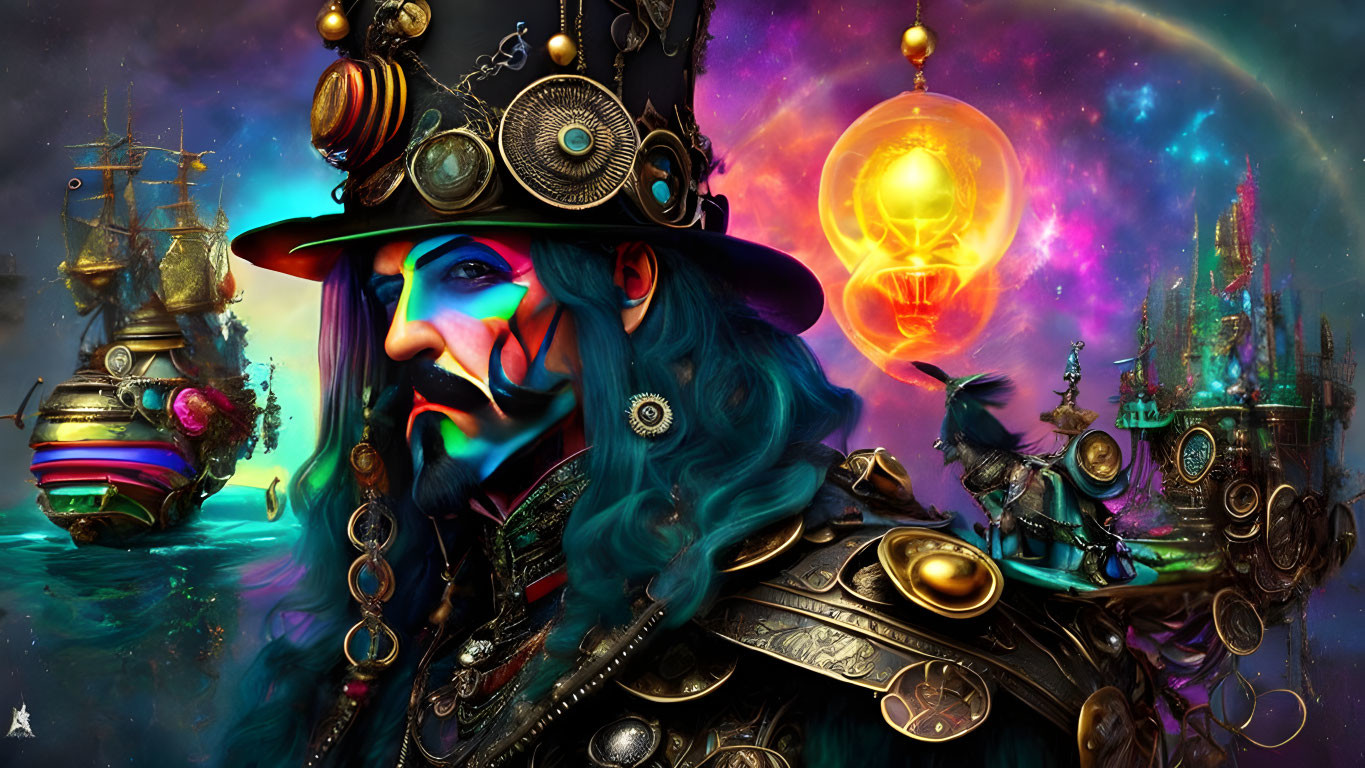 Steampunk-style artwork featuring character with blue beard in cosmic city.