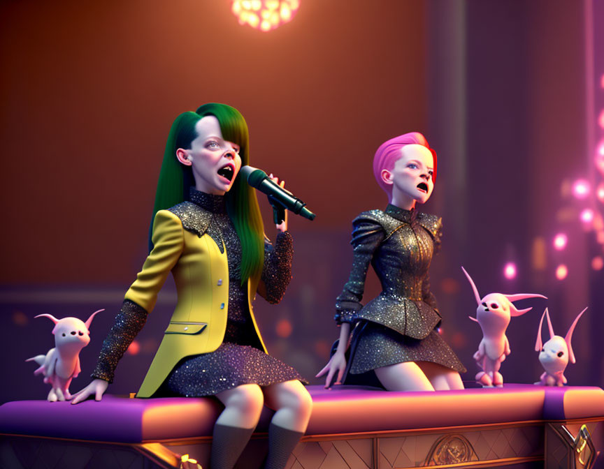 Animated female characters sing on stage with microphones as whimsical creatures watch against vibrant purple and orange backdrop