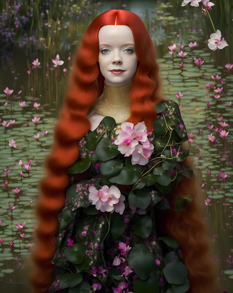 Red-haired woman in green floral dress by tranquil pond with lotus flowers
