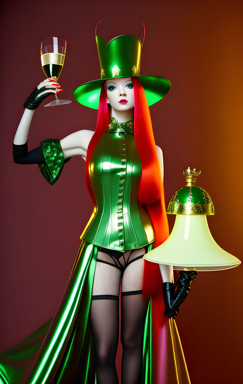 Stylized woman in green and gold outfit with champagne glass and dramatic hair
