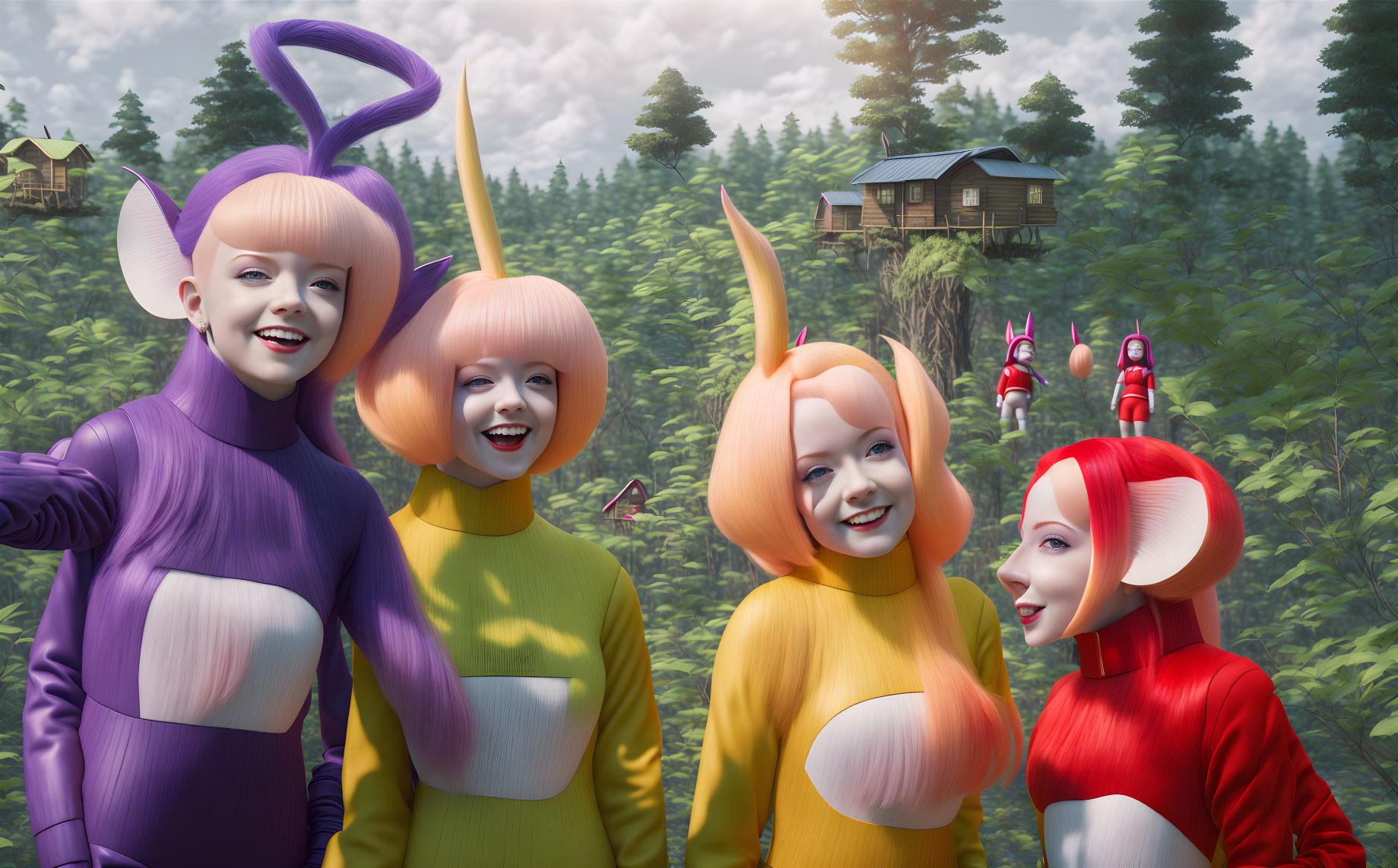 Colorful Costumed Animated Characters with Pointy Ears in Whimsical Forest