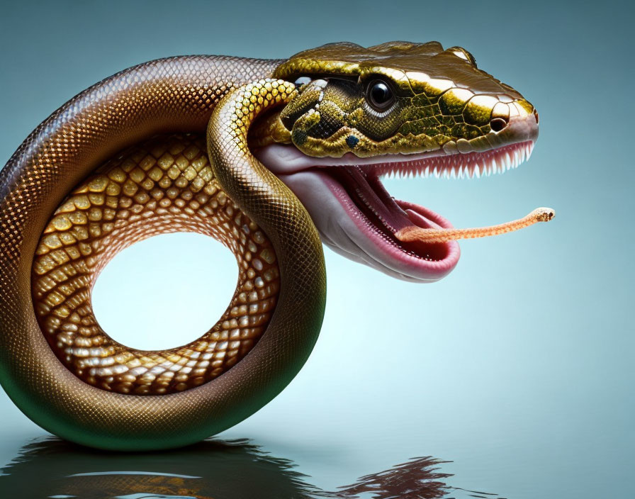 Digital artwork: Snake and lizard merge, coiled body with lizard head.