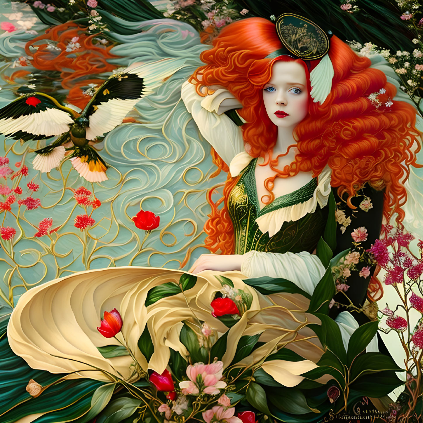 Fantasy illustration of woman with red hair in vibrant flora with majestic bird.