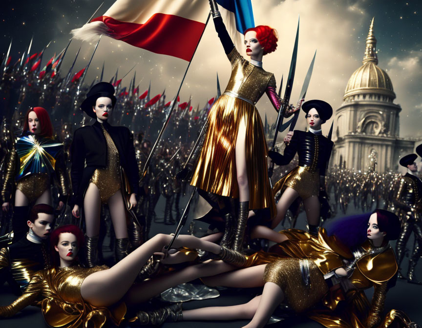 Stylized image of fierce women in avant-garde military attire with flags and grand building.